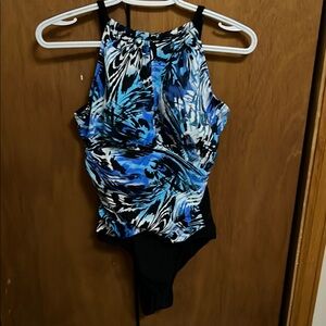Blue and Black Swirl Print Swimsuit